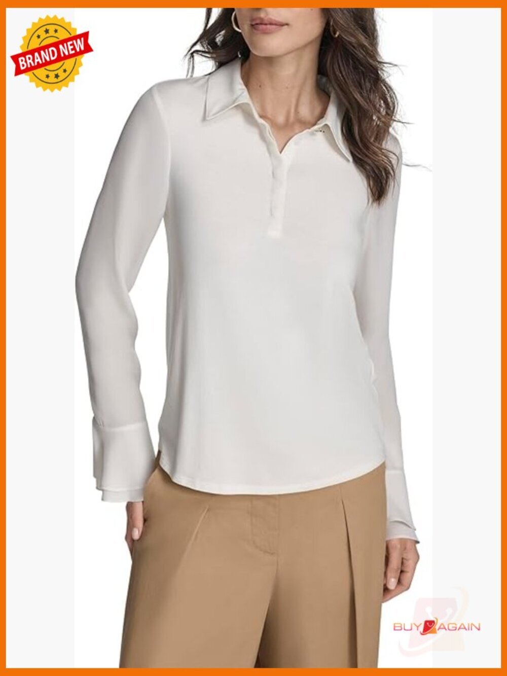 Long Sleeve Blouse with Metallic Button Collar, Classic Fit, Dry Clean Only